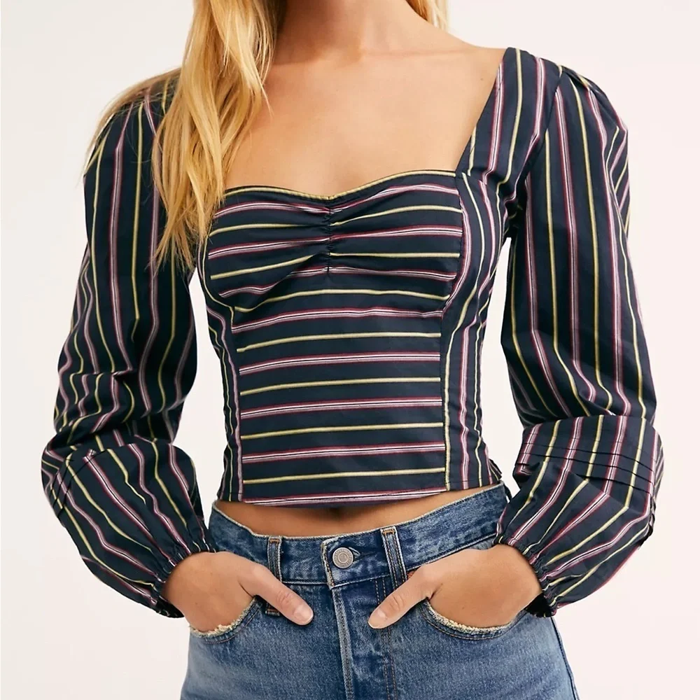 Free People Colorful Stripped Sunshine In Sicily Long Sleeve Top Size Small
